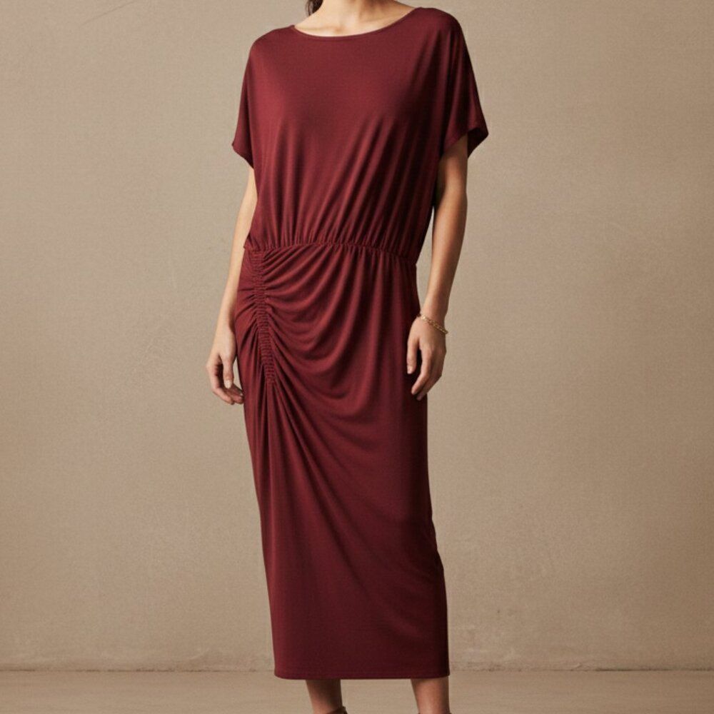 NWT Moulinette Soeurs Wine Modal Ruchedβ Dolman Midi Dress Size M Medium